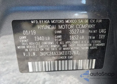 2019 Hyundai Accent Se z USA, uszkodzony, nr VIN 3KPC24A33KE073767